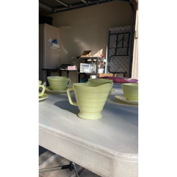 Hazel Atlas mid century Modern stone 4 cups/sausers a Sugar Bowl and Creamer - Picture 11 of 12